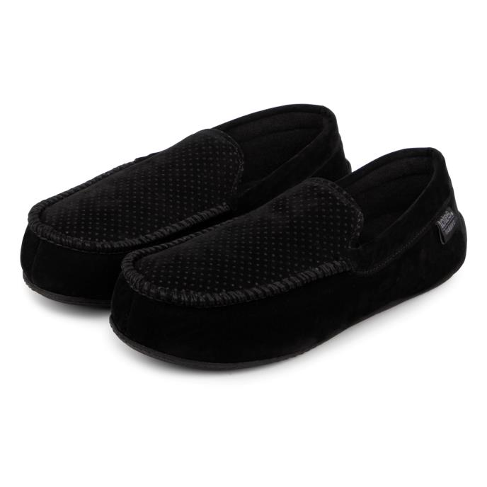 Isotoner Mens Perforated Suedette Moccasin Slipper Black Extra Image 1